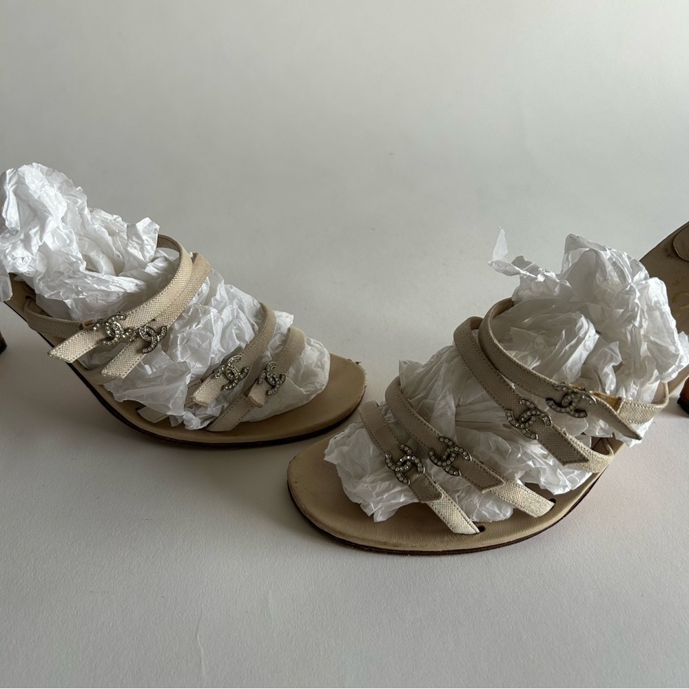 Rare Chanel Iconic "CC" Rhinestone Metallic Leather Sandal Heels size 40 - Picture 13 of 13
